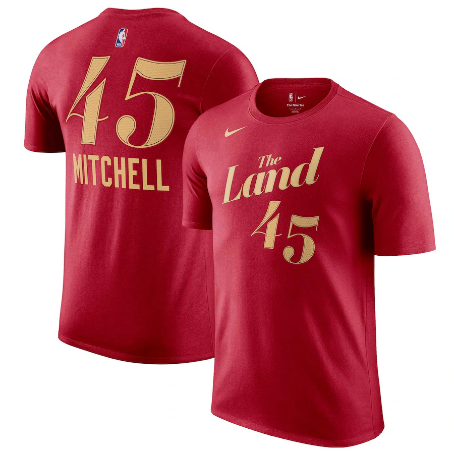 Men's Cleveland Cavaliers #45 Donovan Mitchell Wine 2023/24 City Edition Name & Number T-Shirt Men's Cleveland Cavaliers #45 Donovan Mitchell Wine 2023/24 City Edition Name & Number T-Shirt